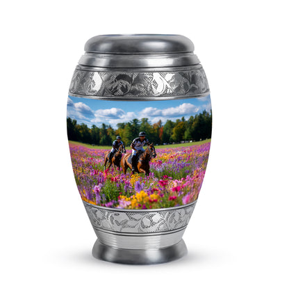 Blue Treasured Horse Polo Cremation Urns for Human Ashes - 10-inch, 200 cu in - Yatskia