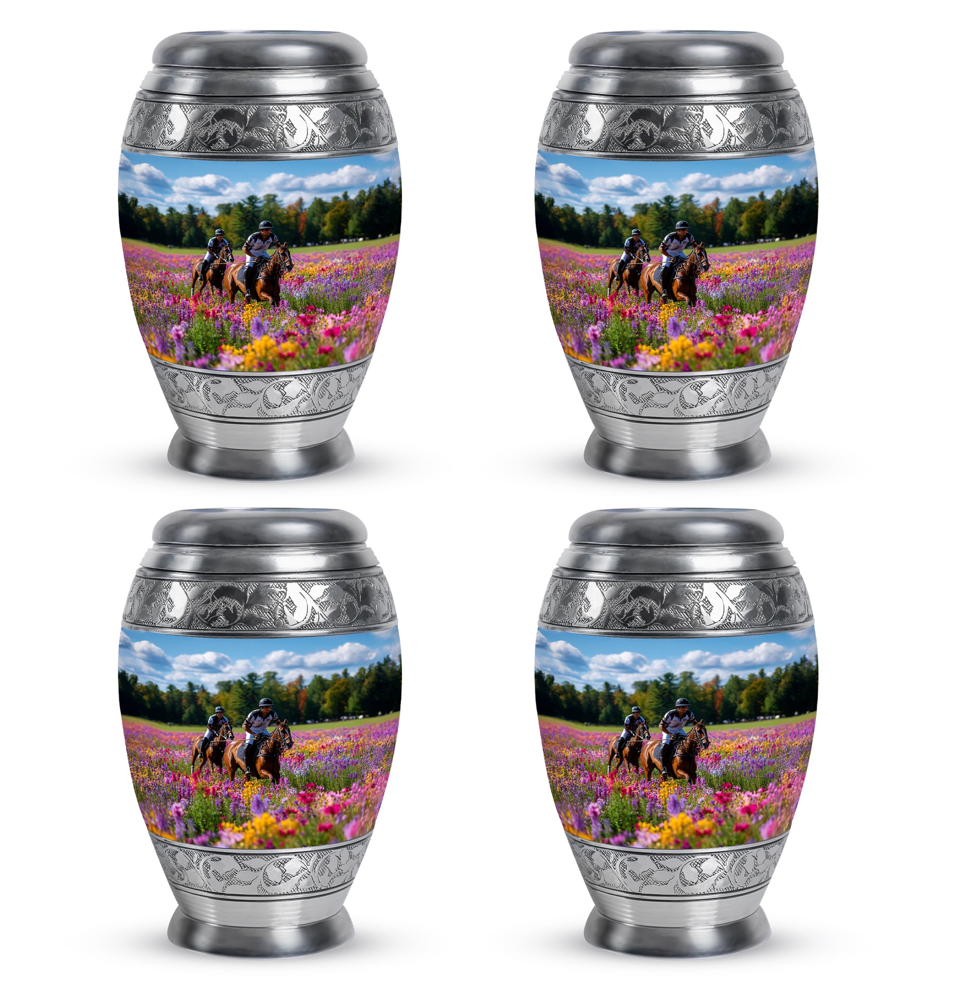 Indigo Horse Polo Cremation Urn urn with complimentary velvet bag - regal horse polo design with crown-inspired accents - 10 inch aluminum urn for cremated remains