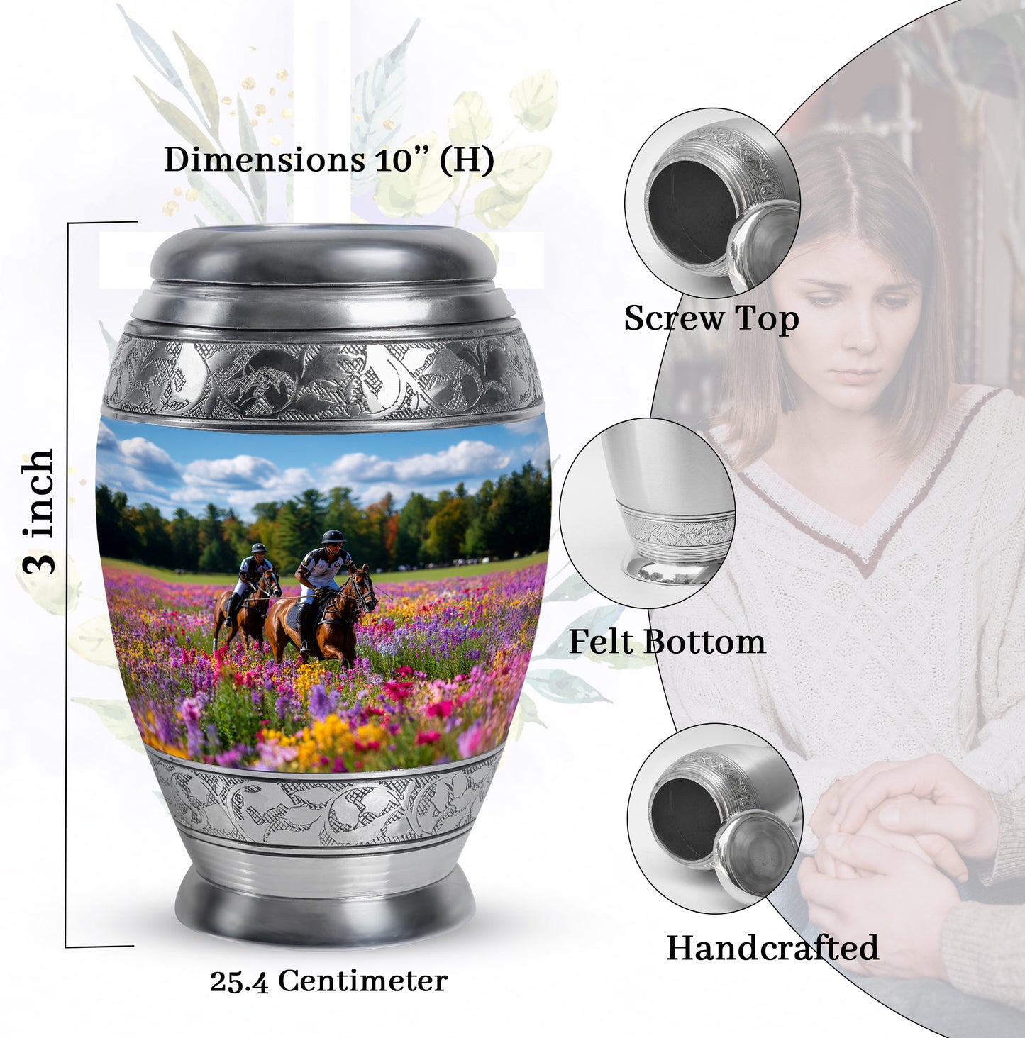 Vivid Blue Horse Polo Cremation Urn lifestyle display on memorial shelf - royal horse polo engraving with decorative scrollwork - mini keepsake memorial for portion of cremation ashes