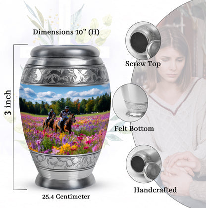 Vivid Blue Horse Polo Cremation Urn lifestyle display on memorial shelf - royal horse polo engraving with decorative scrollwork - mini keepsake memorial for portion of cremation ashes