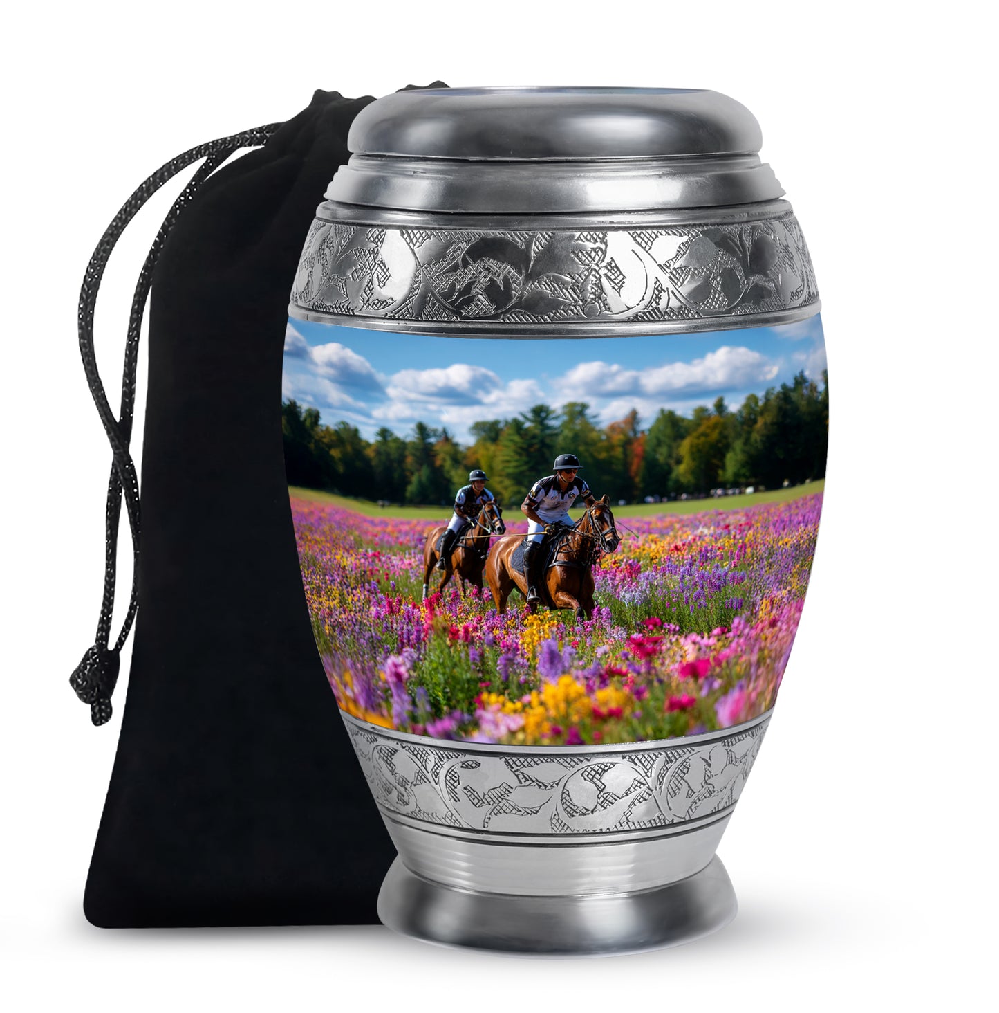Steel Blue Horse Polo Cremation Urn back view with polished surface - royal horse polo engraving with decorative scrollwork - full-size 10 inch 200 cubic inch adult cremation urn