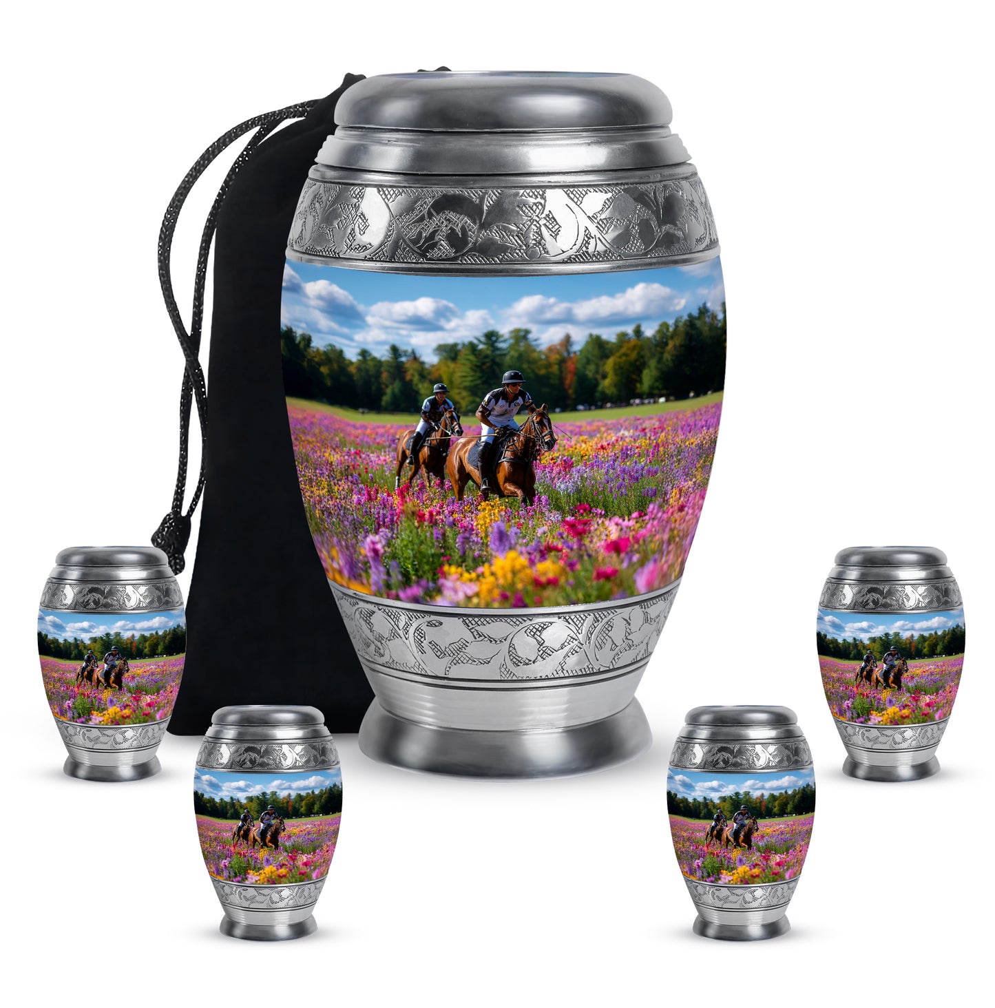 Indigo Horse Polo Cremation Urn detail view - regal horse polo design with crown-inspired accents - memorial set with one large and four small urns