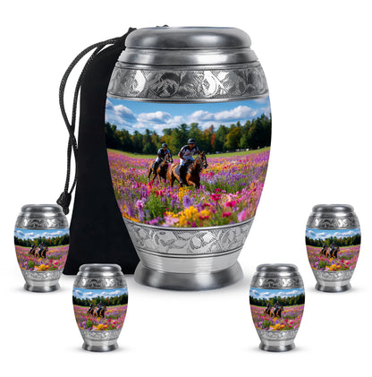Indigo Horse Polo Cremation Urn detail view - regal horse polo design with crown-inspired accents - memorial set with one large and four small urns