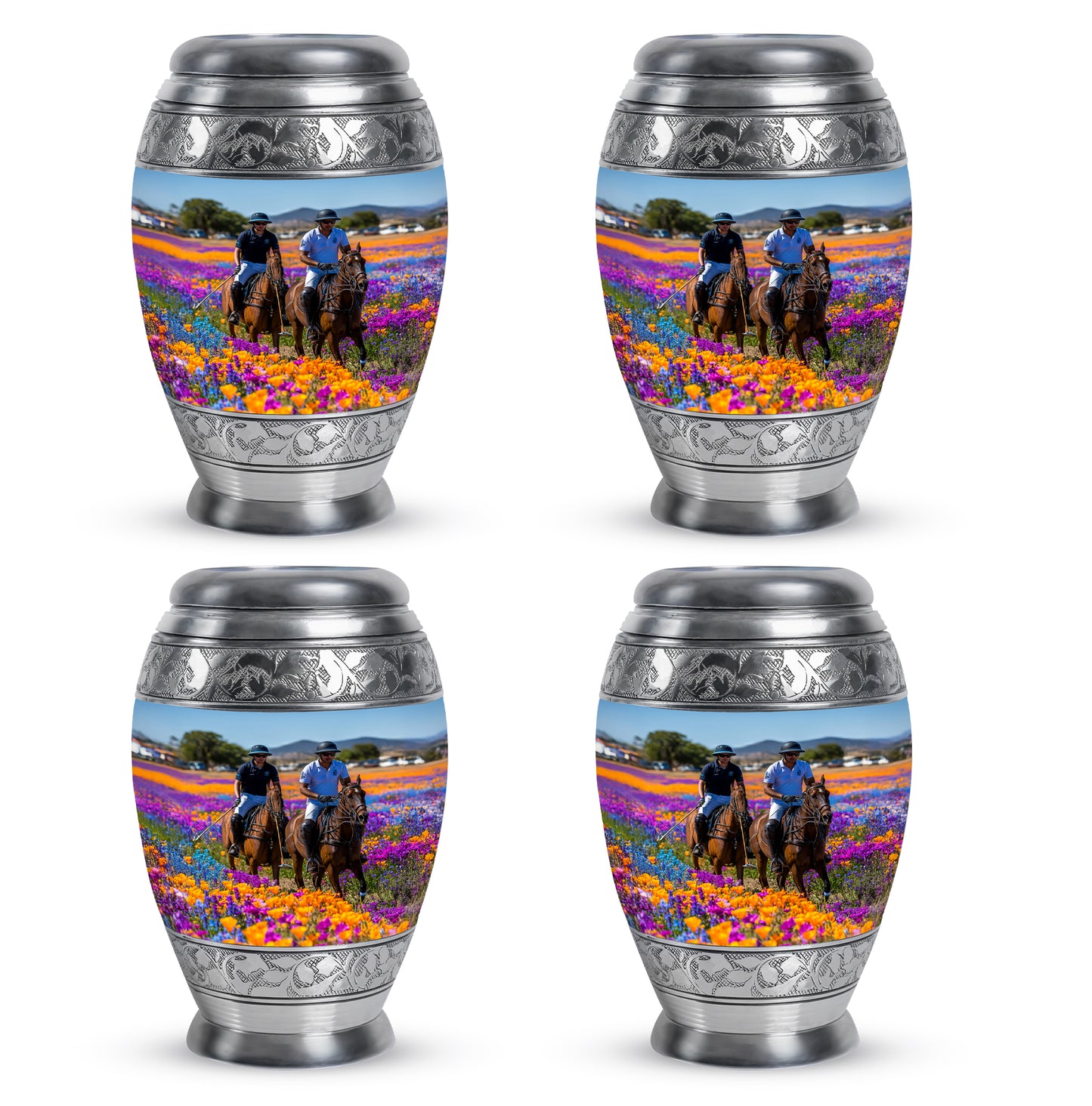 Slate Blue Horse Polo Cremation Urn urn with complimentary velvet bag - regal horse polo design with crown-inspired accents - 10 inch aluminum urn for cremated remains