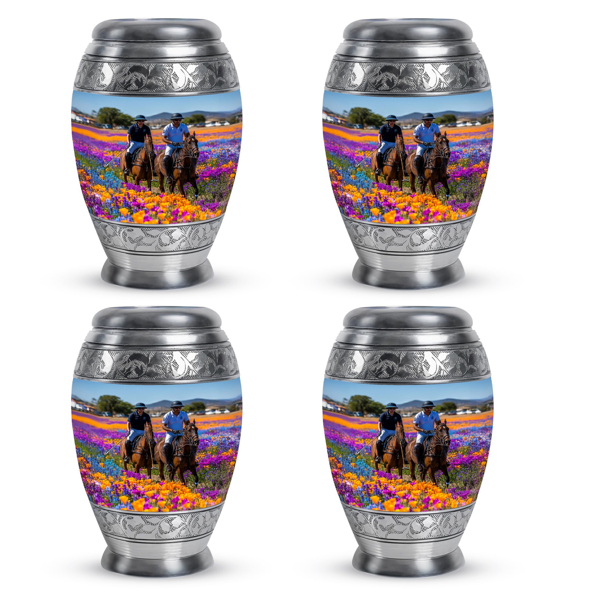 Slate Blue Horse Polo Cremation Urn urn with complimentary velvet bag - regal horse polo design with crown-inspired accents - 10 inch aluminum urn for cremated remains