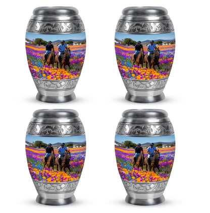 Slate Blue Horse Polo Cremation Urn urn with complimentary velvet bag - regal horse polo design with crown-inspired accents - 10 inch aluminum urn for cremated remains