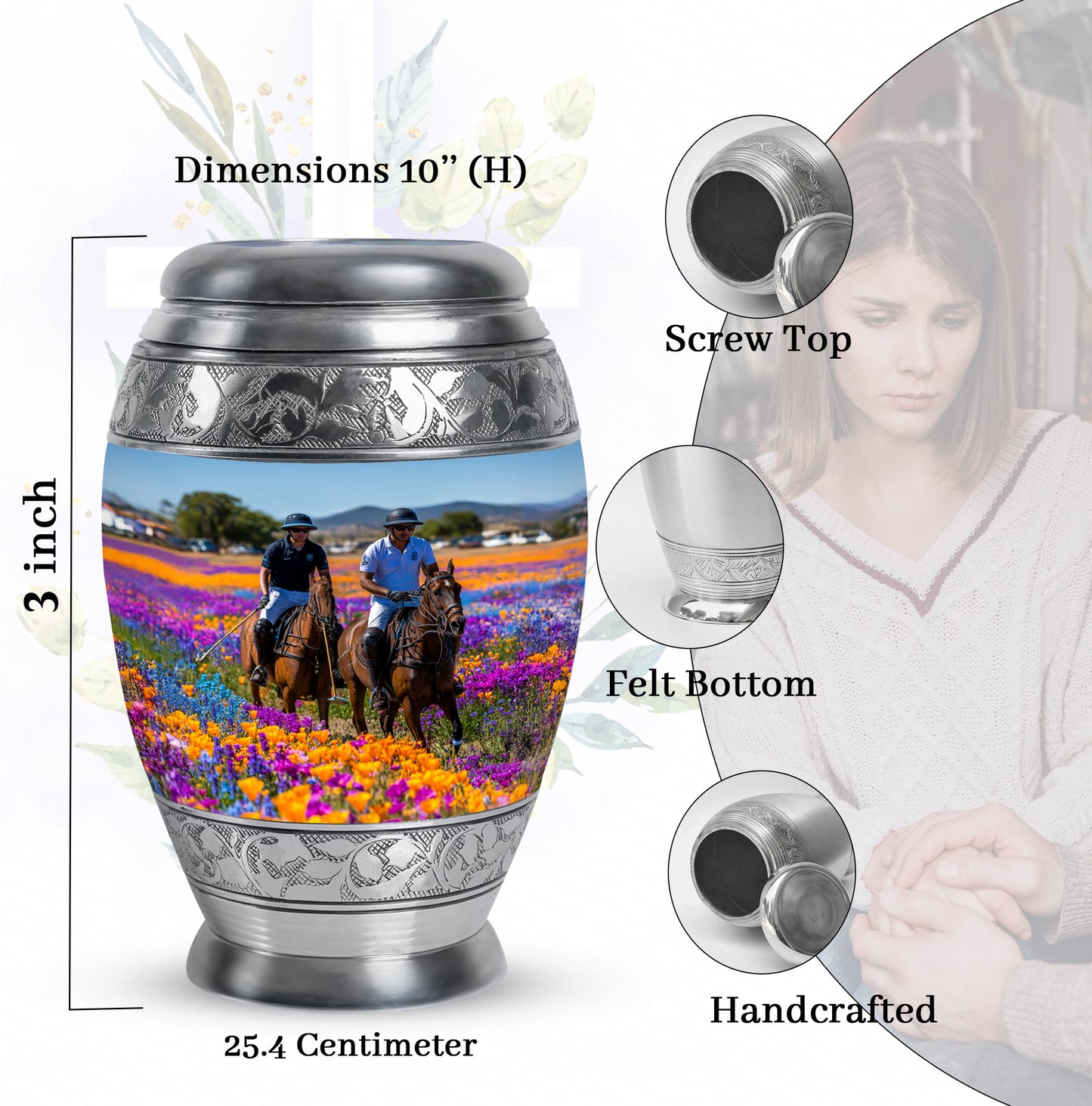Royal Blue Horse Polo Cremation Urn lifestyle display on memorial shelf - majestic horse polo pattern with filigree border - mini keepsake memorial for portion of cremation ashes