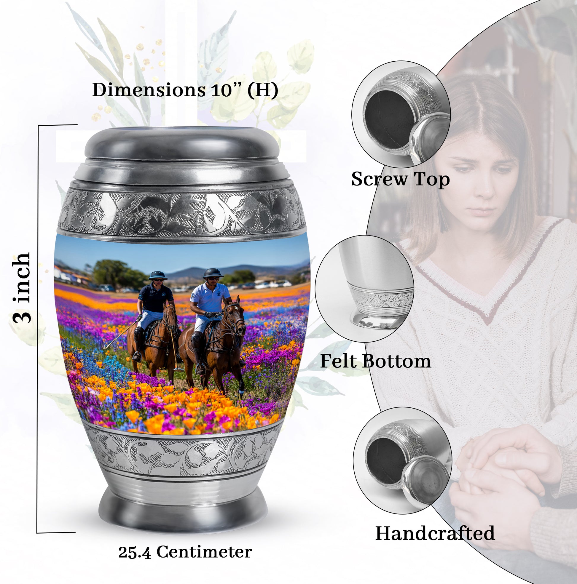 Royal Blue Horse Polo Cremation Urn lifestyle display on memorial shelf - majestic horse polo pattern with filigree border - mini keepsake memorial for portion of cremation ashes