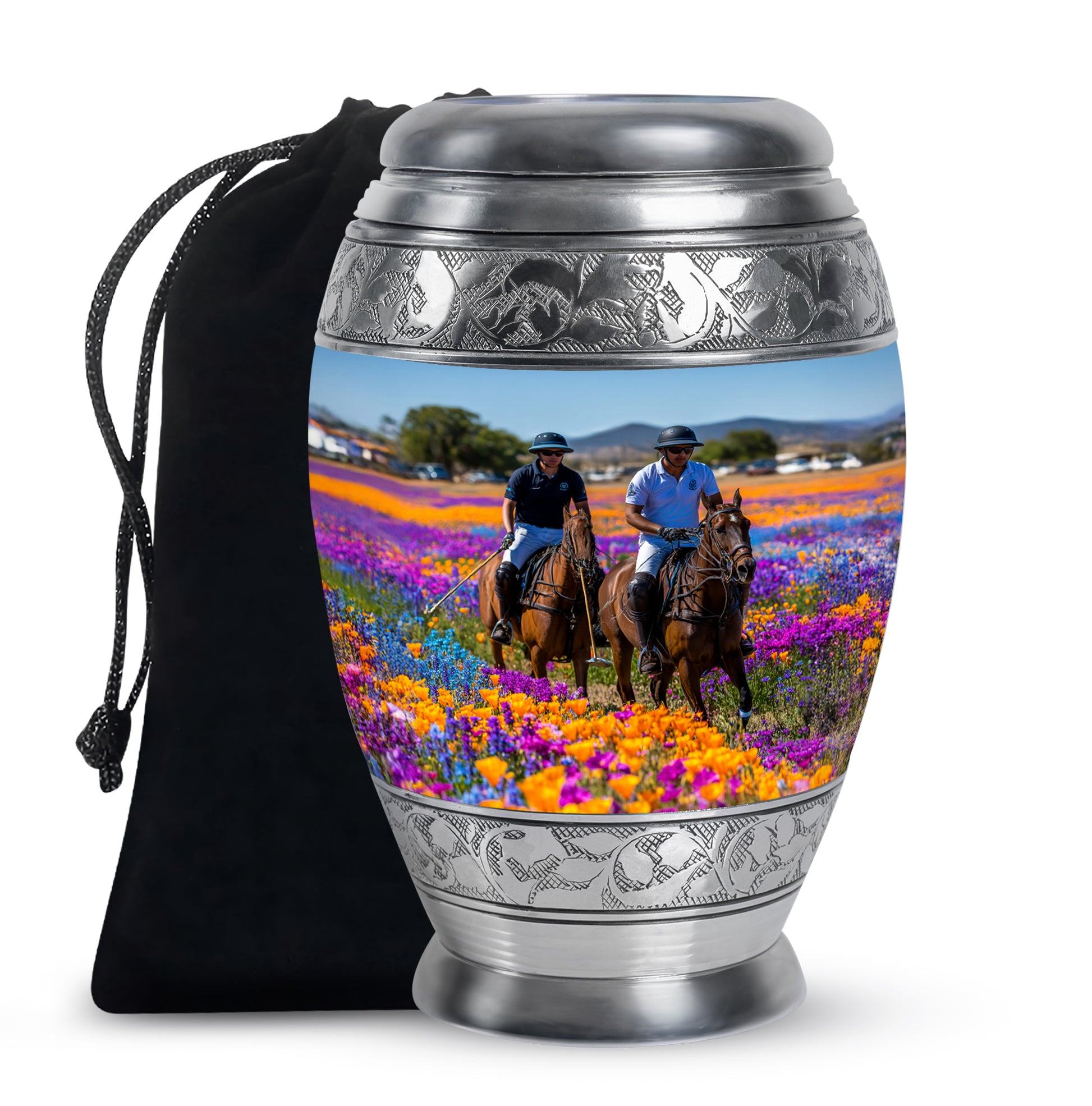 Calming Blue Horse Polo Cremation Urn back view with polished surface - royal horse polo engraving with decorative scrollwork - full-size 10 inch 200 cubic inch adult cremation urn