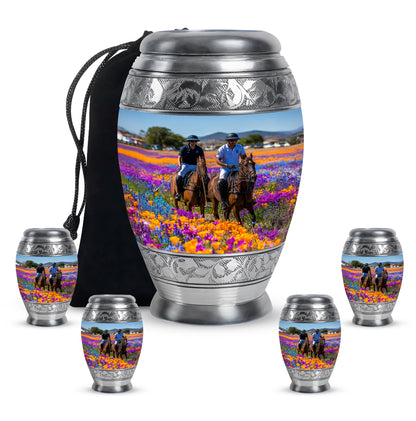 Steel Blue Horse Polo Cremation Urn detail view - royal horse polo engraving with decorative scrollwork - memorial set with one large and four small urns