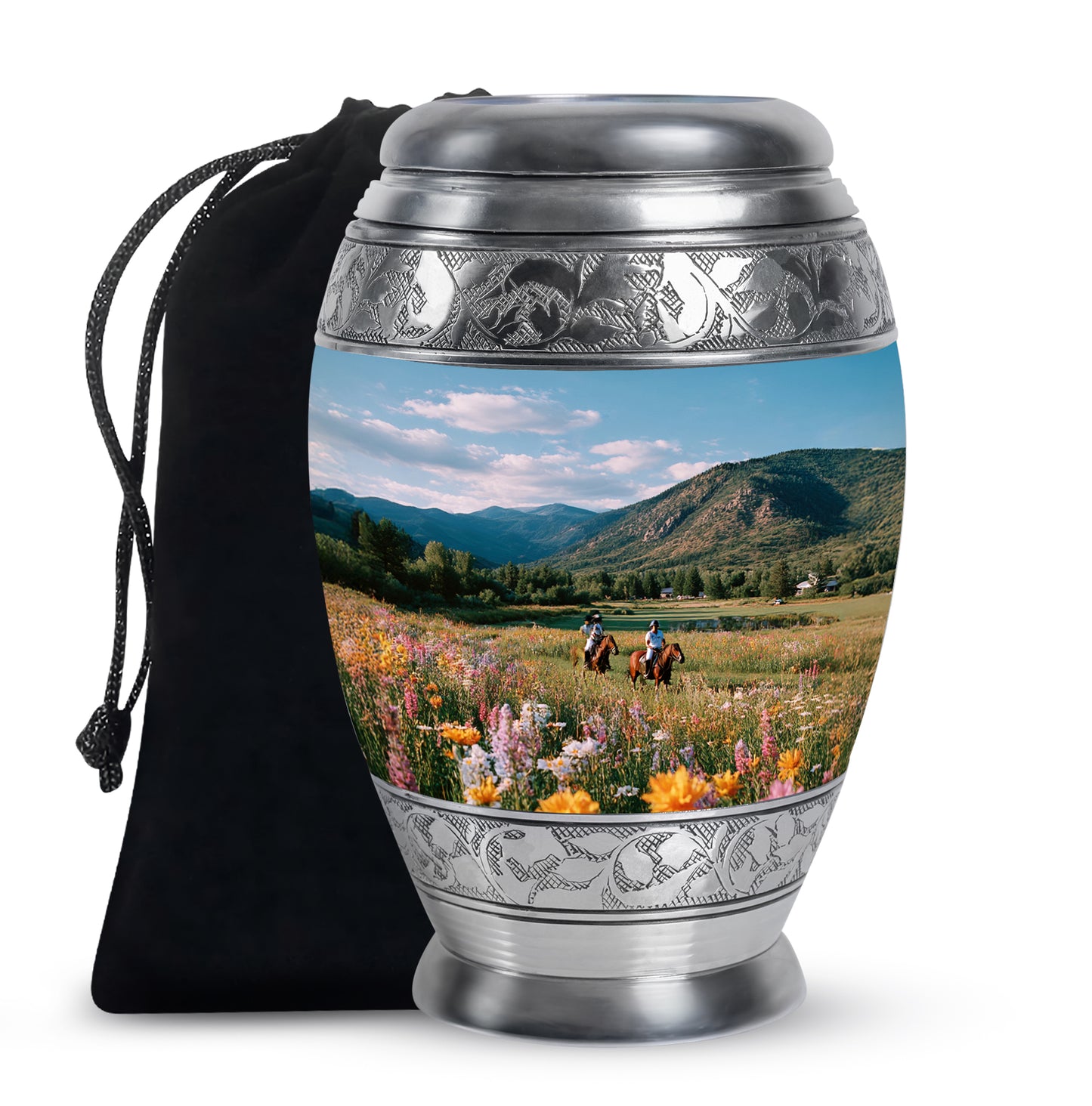 Celestial Blue Horse Polo Cremation Urn back view with polished surface - regal horse polo design with crown-inspired accents - full-size 10 inch 200 cubic inch adult cremation urn
