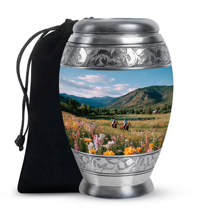 Celestial Blue Horse Polo Cremation Urn back view with polished surface - regal horse polo design with crown-inspired accents - full-size 10 inch 200 cubic inch adult cremation urn