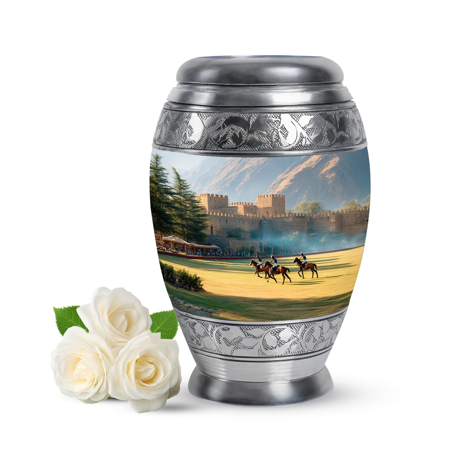 Personalized Silver Cherished Horse Polo Cremation Urns for Human Ashes - 10-inch, 200 cu in - Yatskia