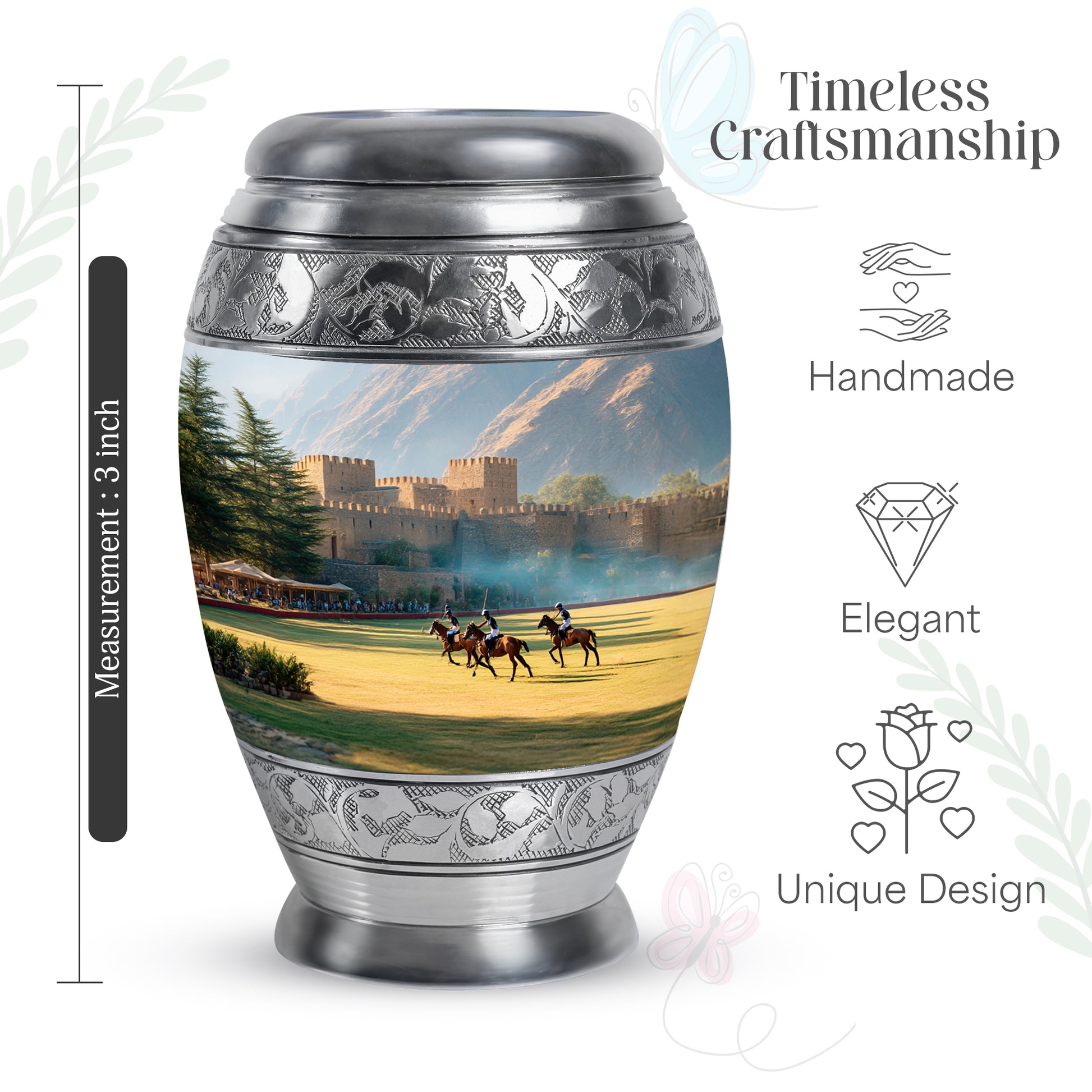 Frosted Silver Horse Polo Cremation Urn lifestyle display on memorial shelf - majestic horse polo pattern with filigree border - mini keepsake memorial for portion of cremation ashes