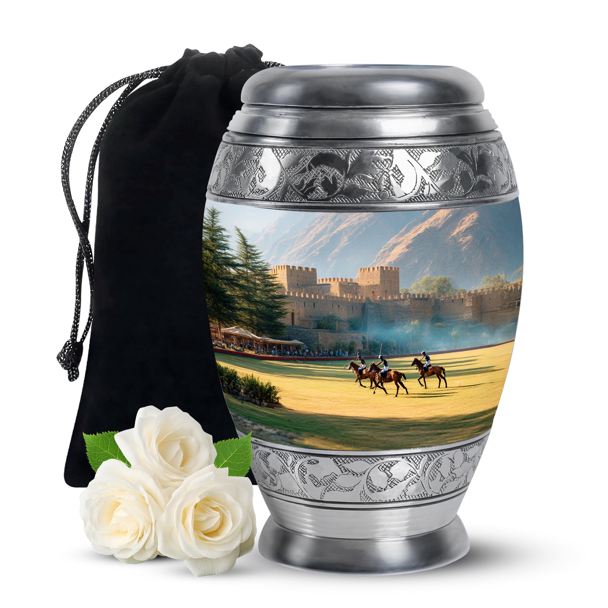 Brushed Silver Horse Polo Cremation Urn back view with polished surface - regal horse polo design with crown-inspired accents - full-size 10 inch 200 cubic inch adult cremation urn