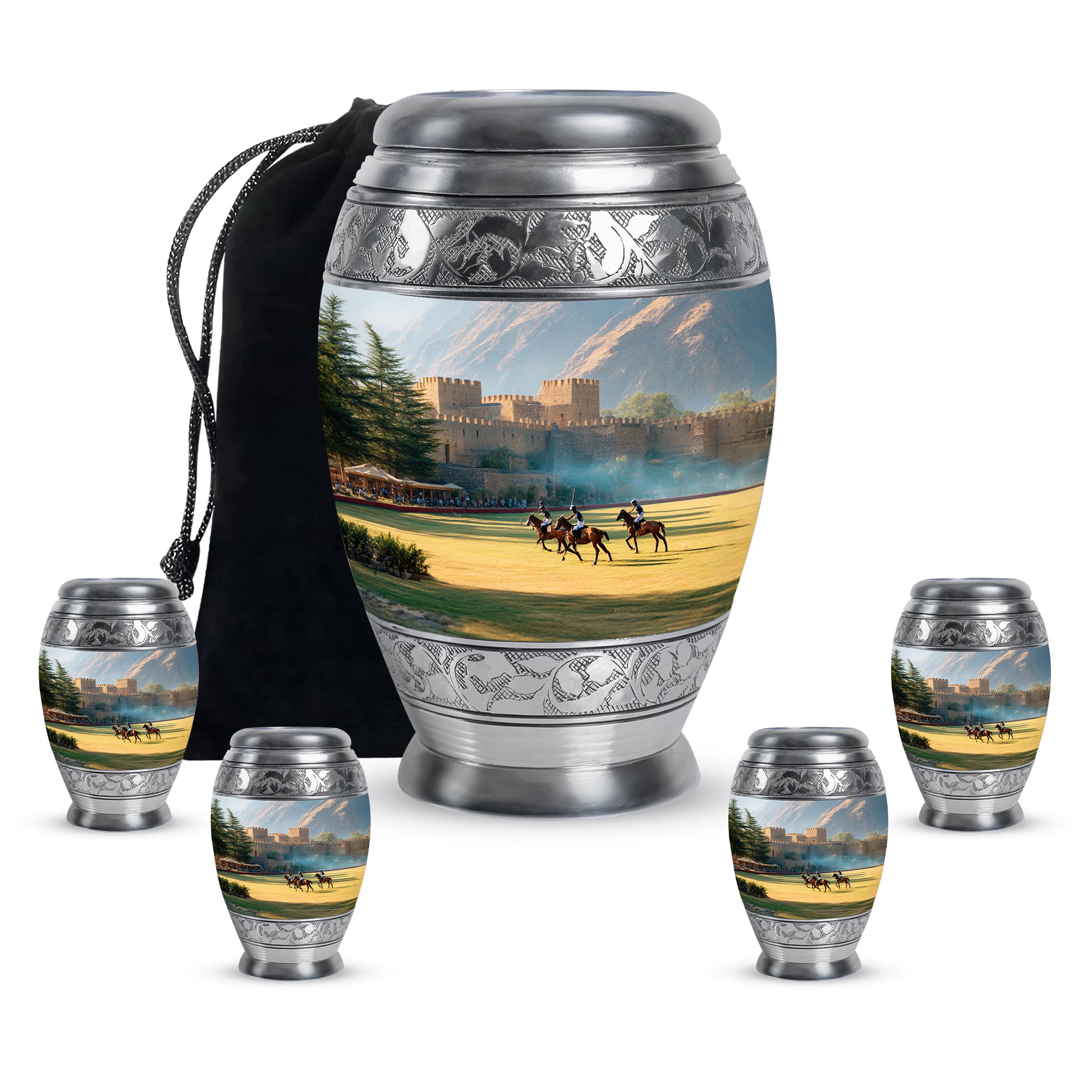Moonlight Silver Horse Polo Cremation Urn detail view - royal horse polo engraving with decorative scrollwork - memorial set with one large and four small urns