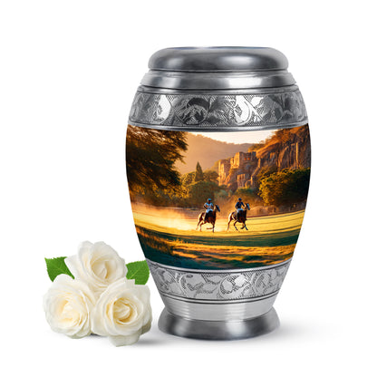 Personalized Gold Steadfast Horse Polo Cremation Urns for Human Ashes - 10-inch, 200 cu in - Yatskia