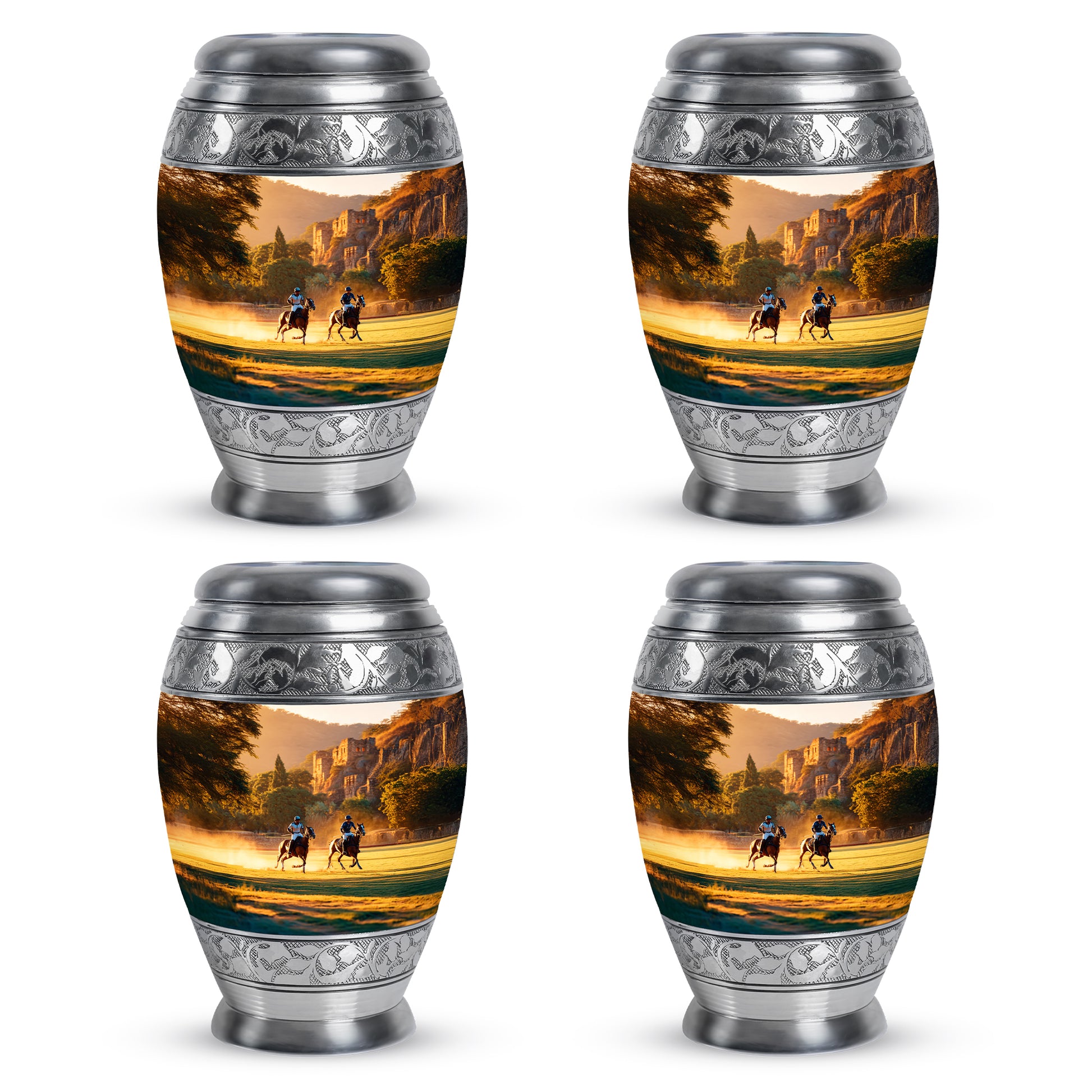 Champagne Gold Horse Polo Cremation Urn urn with complimentary velvet bag - regal horse polo design with crown-inspired accents - 10 inch aluminum urn for cremated remains