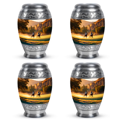 Champagne Gold Horse Polo Cremation Urn urn with complimentary velvet bag - regal horse polo design with crown-inspired accents - 10 inch aluminum urn for cremated remains