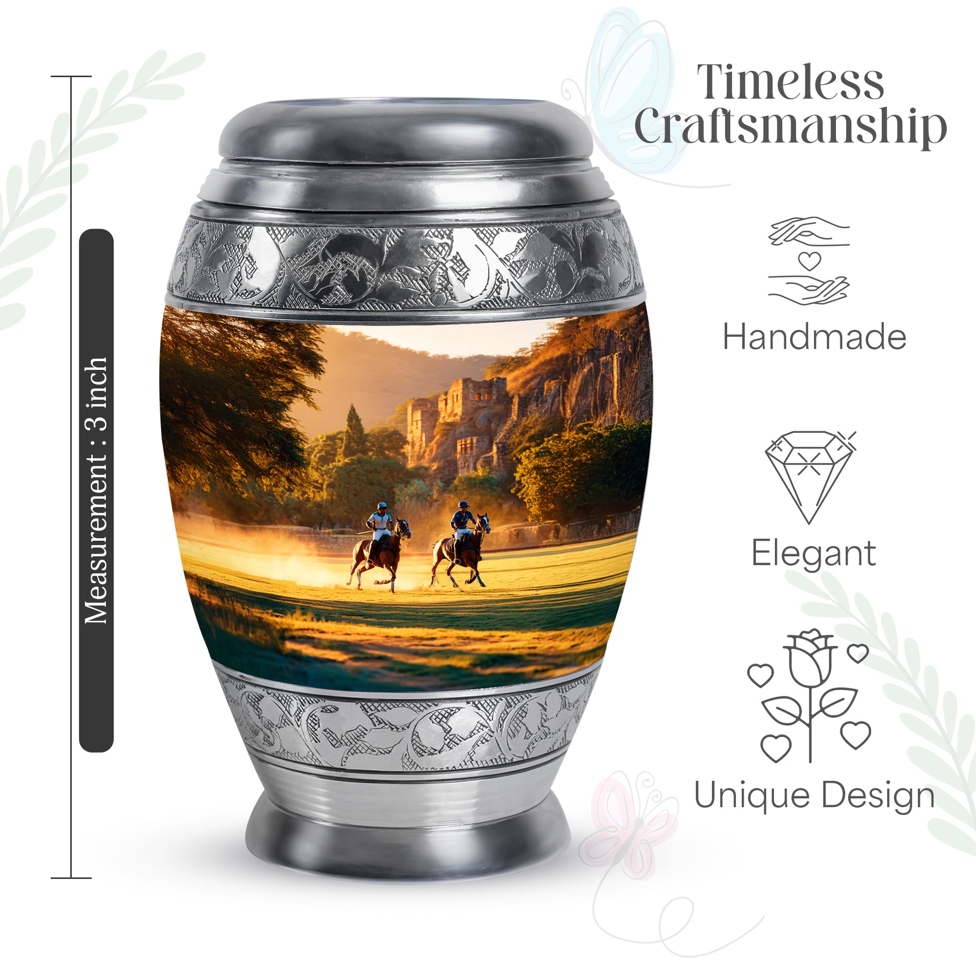 Matte Gold Horse Polo Cremation Urn lifestyle display on memorial shelf - royal horse polo engraving with decorative scrollwork - mini keepsake memorial for portion of cremation ashes