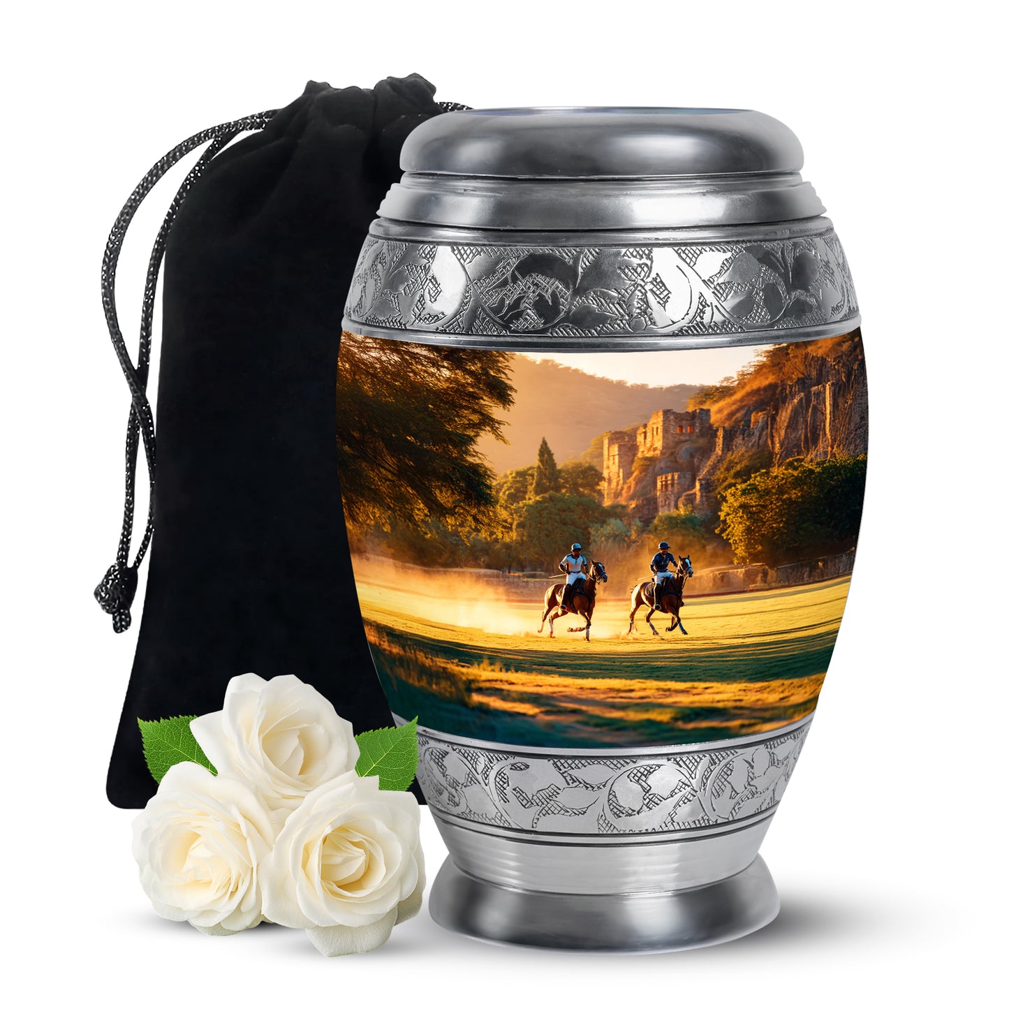 Harvest Gold Horse Polo Cremation Urn back view with polished surface - royal horse polo engraving with decorative scrollwork - full-size 10 inch 200 cubic inch adult cremation urn