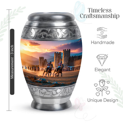 Silver Gray Horse Polo Cremation Urn lifestyle display on memorial shelf - regal horse polo design with crown-inspired accents - mini keepsake memorial for portion of cremation ashes