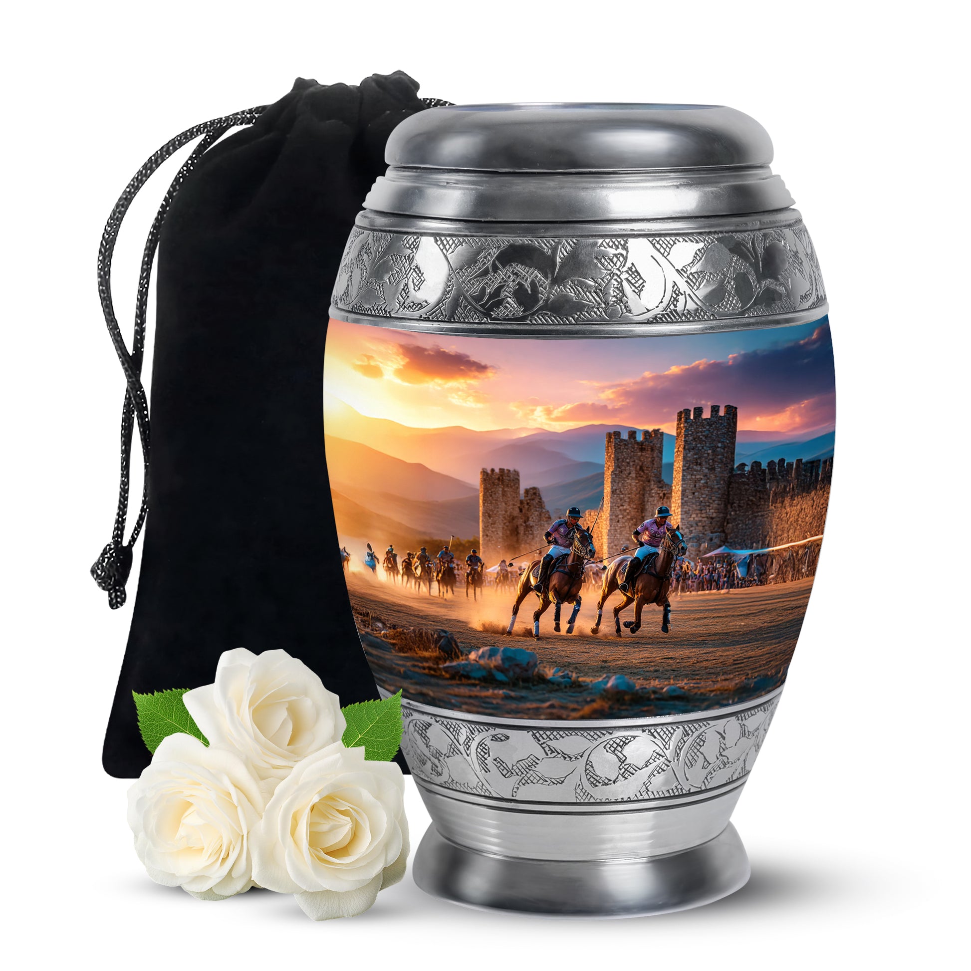 Storm Gray Horse Polo Cremation Urn back view with polished surface - royal horse polo engraving with decorative scrollwork - full-size 10 inch 200 cubic inch adult cremation urn