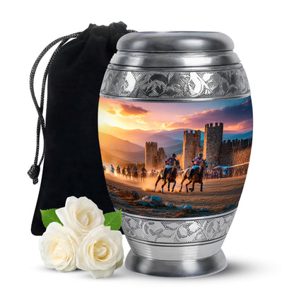 Storm Gray Horse Polo Cremation Urn back view with polished surface - royal horse polo engraving with decorative scrollwork - full-size 10 inch 200 cubic inch adult cremation urn