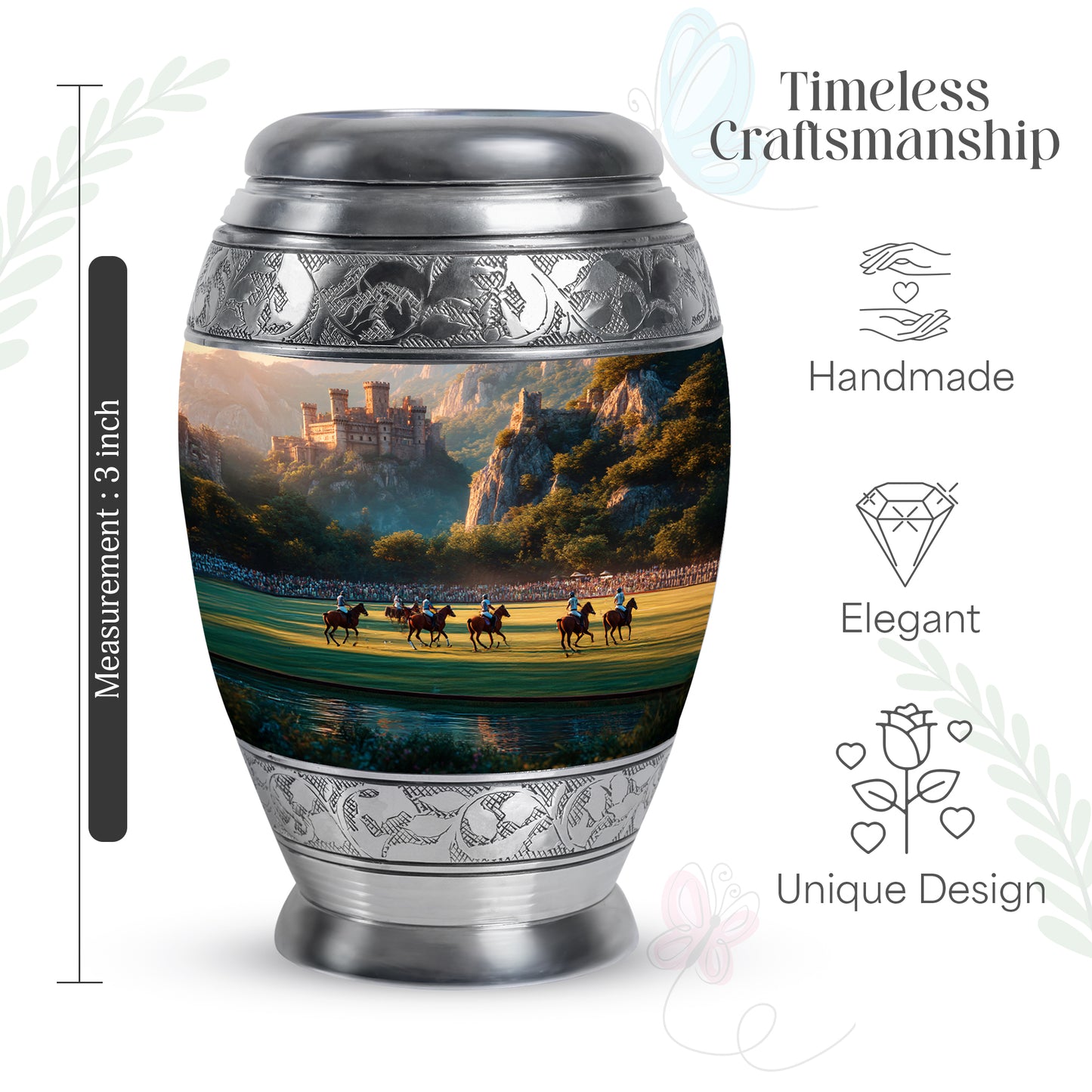 Amber Gold Horse Polo Cremation Urn lifestyle display on memorial shelf - ornate monarch-style horse polo relief on brushed aluminum - mini keepsake memorial for portion of cremation ashes