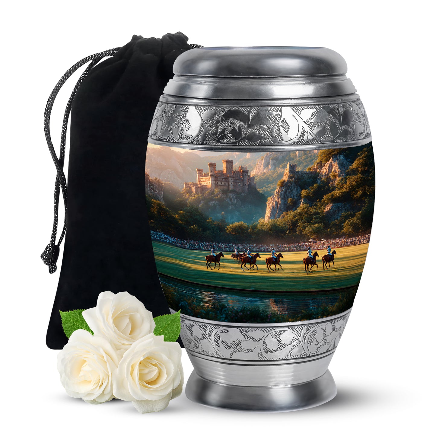 Amber Gold Horse Polo Cremation Urn back view with polished surface - regal horse polo design with crown-inspired accents - full-size 10 inch 200 cubic inch adult cremation urn