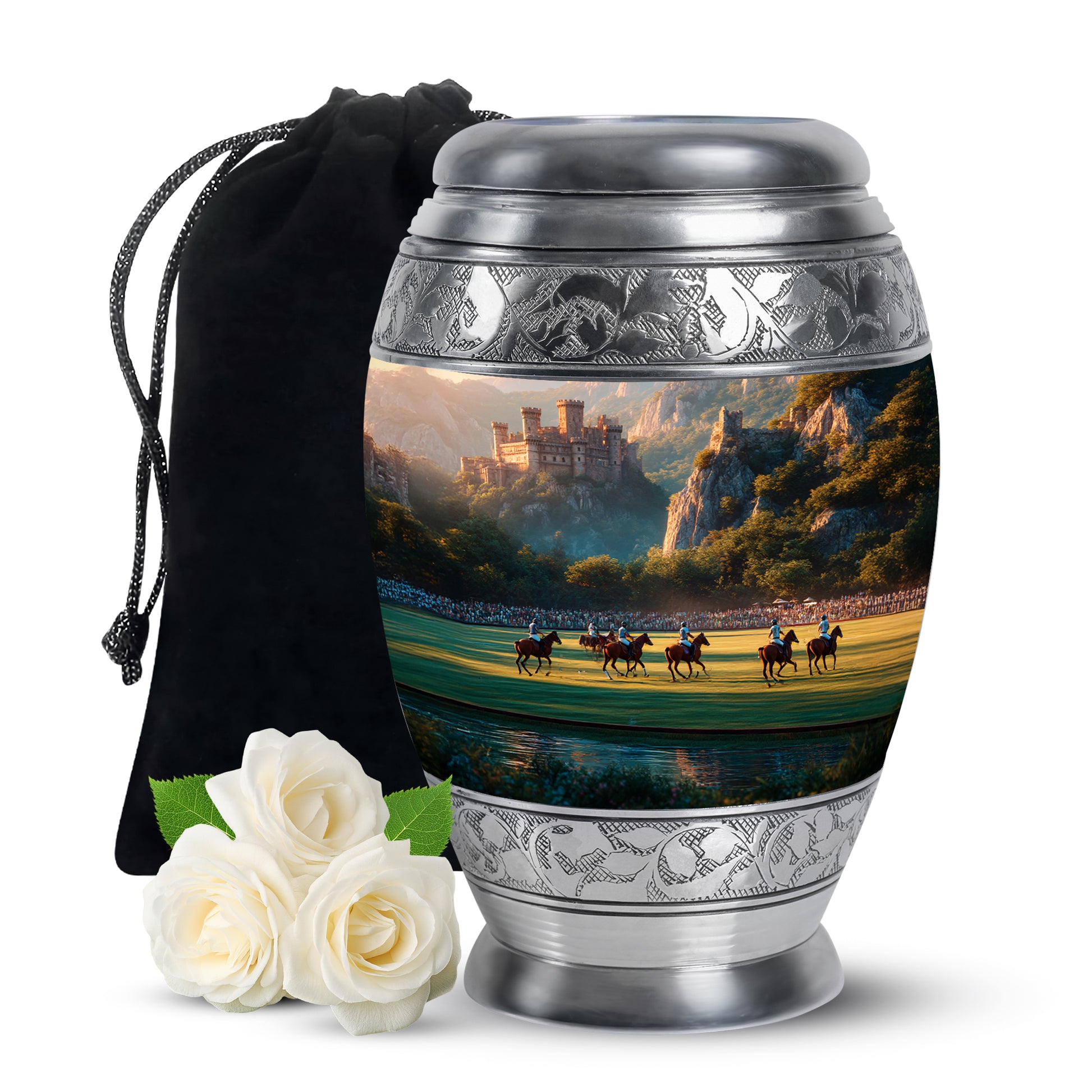 Amber Gold Horse Polo Cremation Urn back view with polished surface - regal horse polo design with crown-inspired accents - full-size 10 inch 200 cubic inch adult cremation urn
