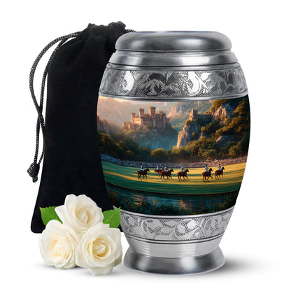 Amber Gold Horse Polo Cremation Urn back view with polished surface - regal horse polo design with crown-inspired accents - full-size 10 inch 200 cubic inch adult cremation urn
