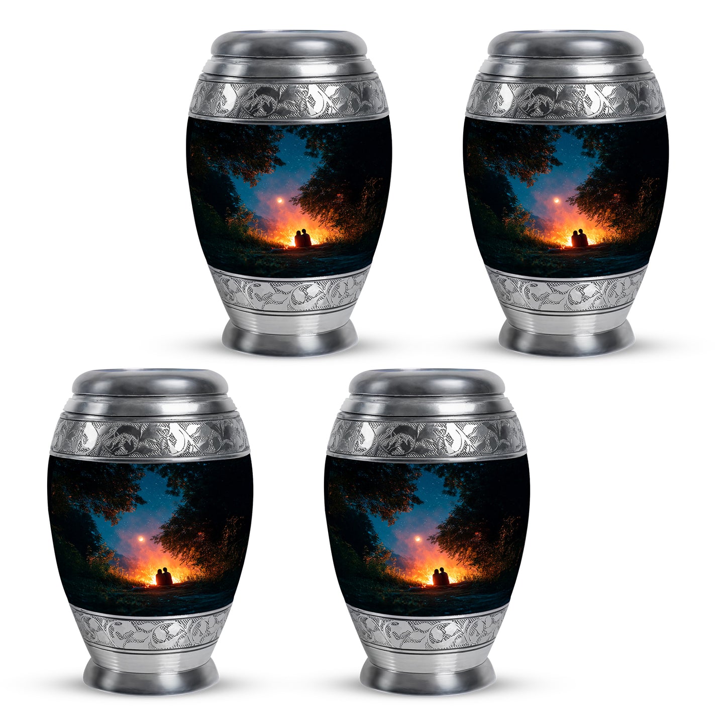 Soft Teal Campfire Cremation Urn urn with complimentary velvet bag - regal campfire design with crown-inspired accents - 10 inch aluminum urn for cremated remains