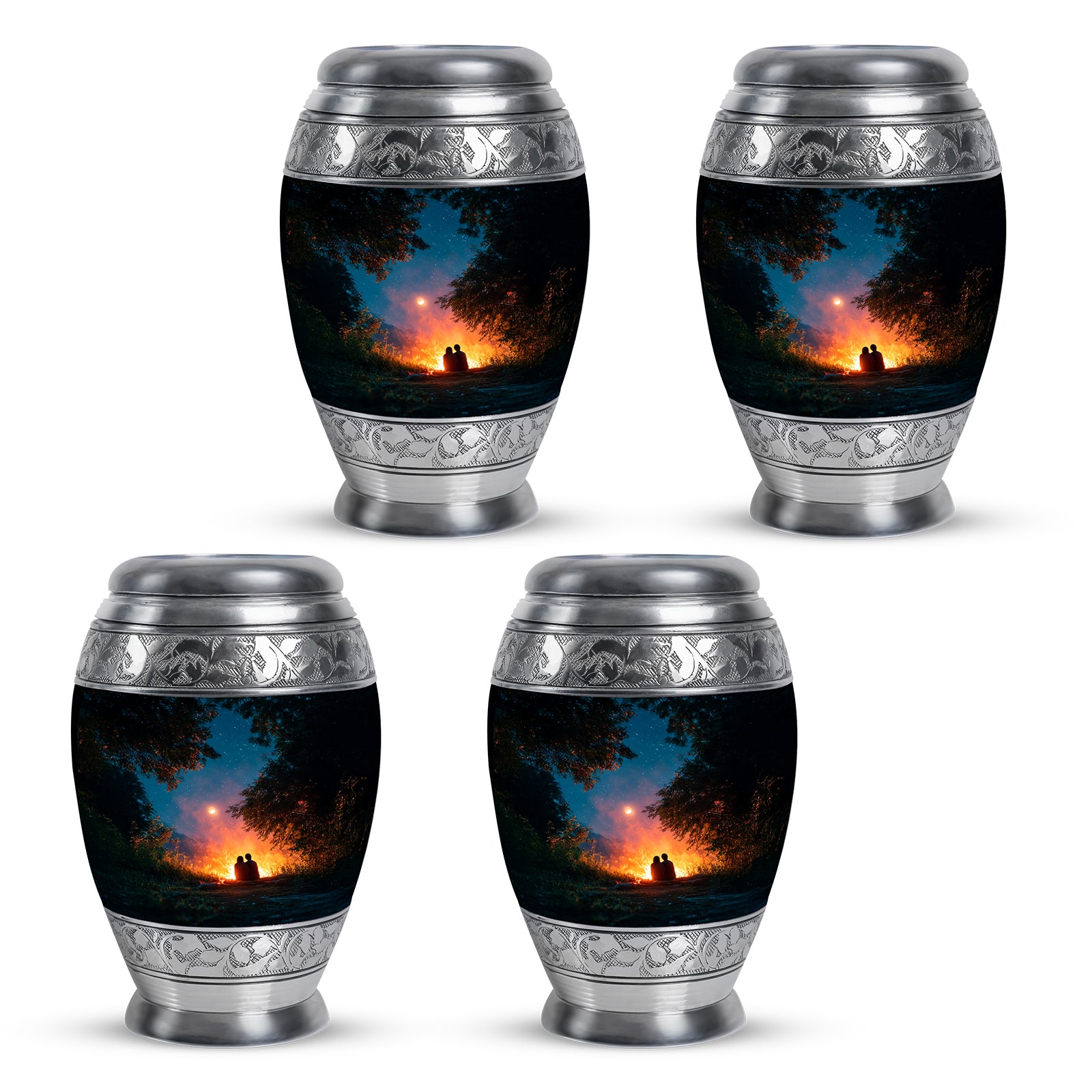 Soft Teal Campfire Cremation Urn urn with complimentary velvet bag - regal campfire design with crown-inspired accents - 10 inch aluminum urn for cremated remains