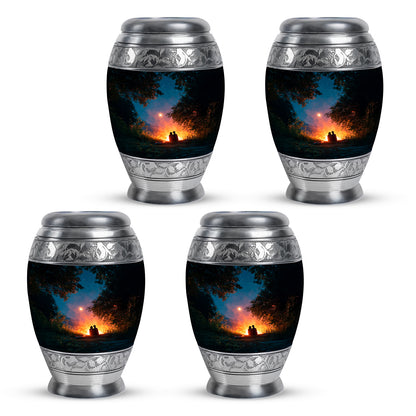Soft Teal Campfire Cremation Urn urn with complimentary velvet bag - regal campfire design with crown-inspired accents - 10 inch aluminum urn for cremated remains