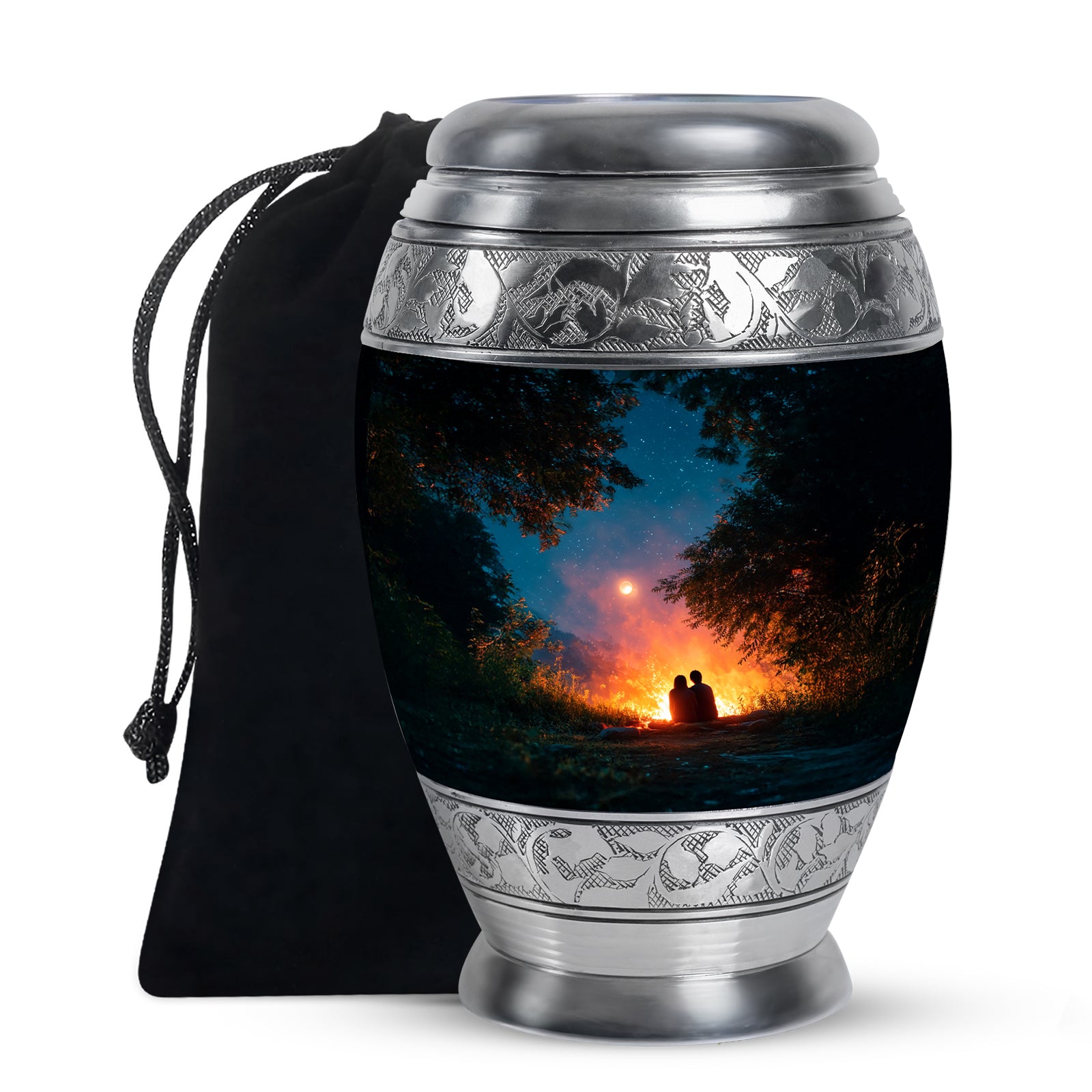 Sea Green Teal Campfire Cremation Urn back view with polished surface - regal campfire design with crown-inspired accents - full-size 10 inch 200 cubic inch adult cremation urn