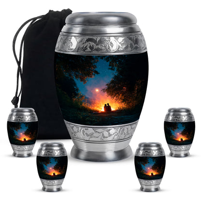 Jewel Teal Campfire Cremation Urn detail view - ornate monarch-style campfire relief on brushed aluminum - memorial set with one large and four small urns