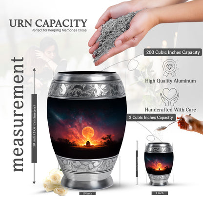 Obsidian Black Campfire Cremation Urn lifestyle display on memorial shelf - royal campfire engraving with decorative scrollwork - mini keepsake memorial for portion of cremation ashes