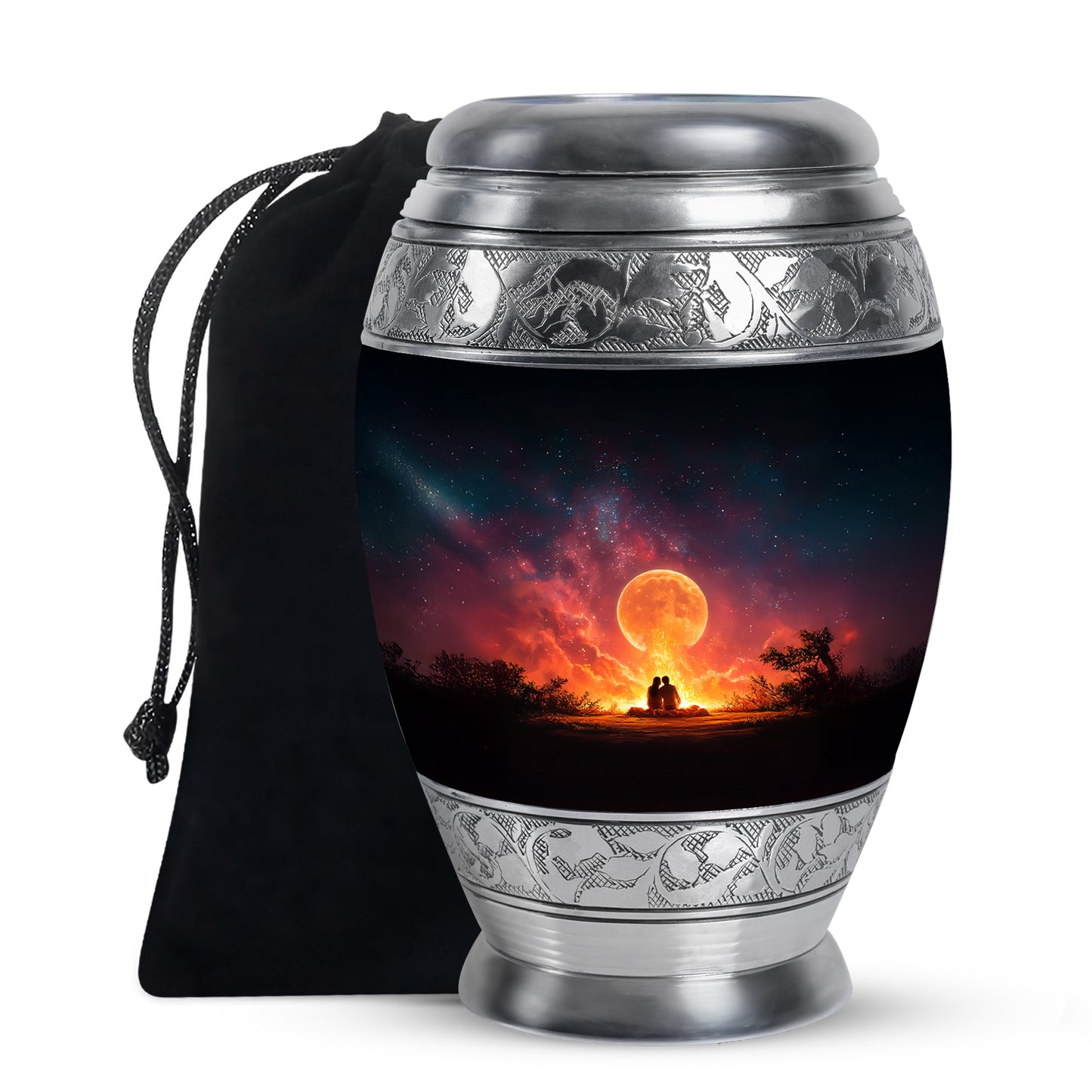Dark Black Campfire Cremation Urn back view with polished surface - royal campfire engraving with decorative scrollwork - full-size 10 inch 200 cubic inch adult cremation urn