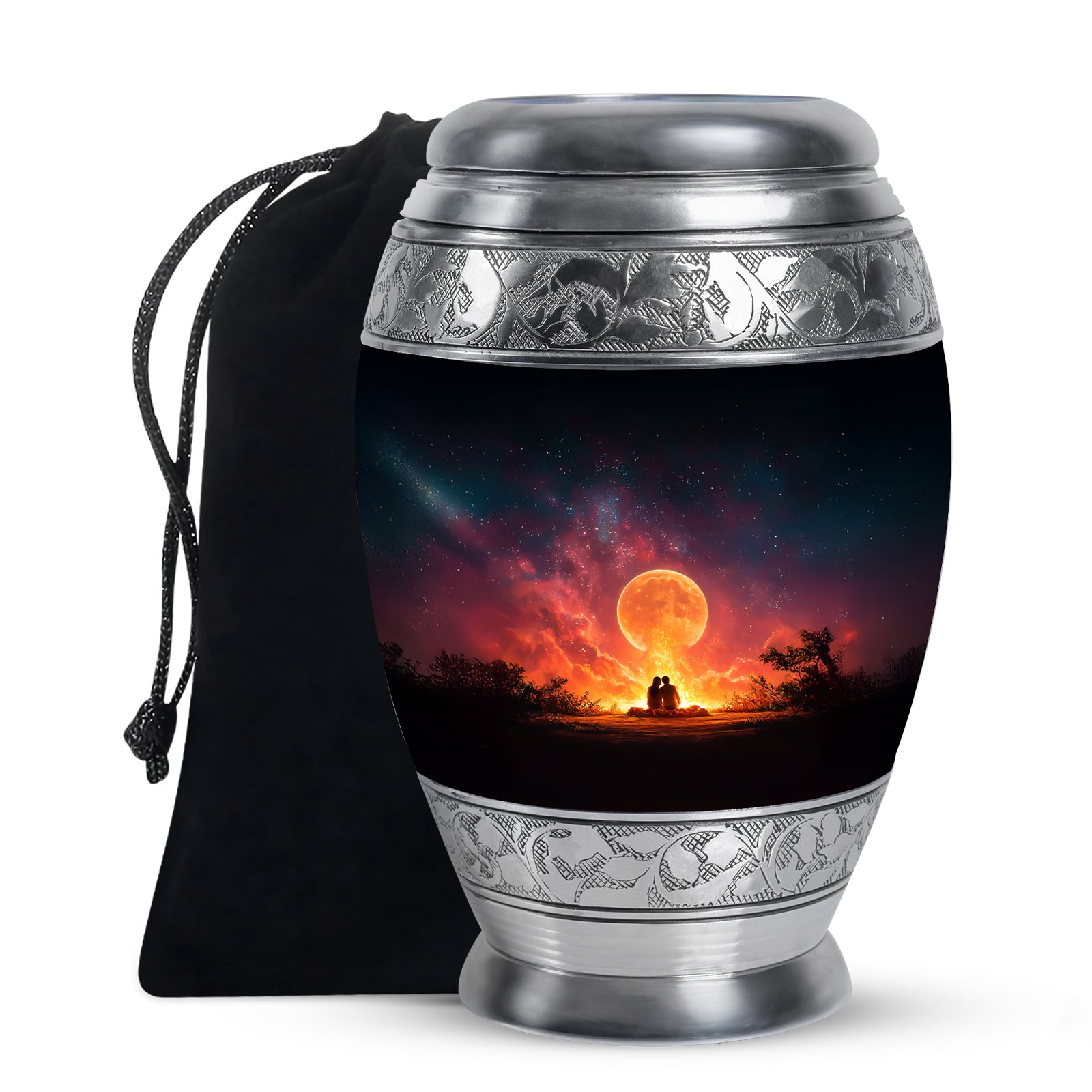 Dark Black Campfire Cremation Urn back view with polished surface - royal campfire engraving with decorative scrollwork - full-size 10 inch 200 cubic inch adult cremation urn