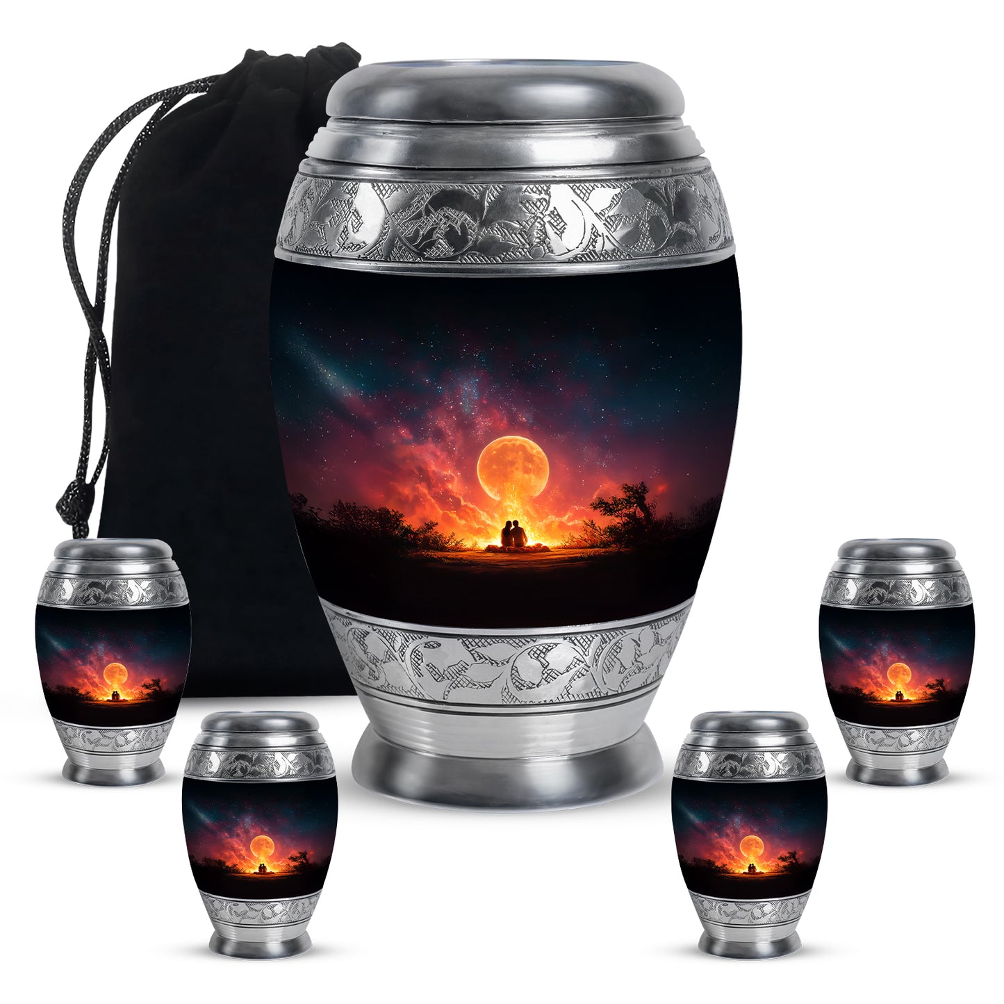 Ebony Campfire Cremation Urn detail view - regal campfire design with crown-inspired accents - memorial set with one large and four small urns