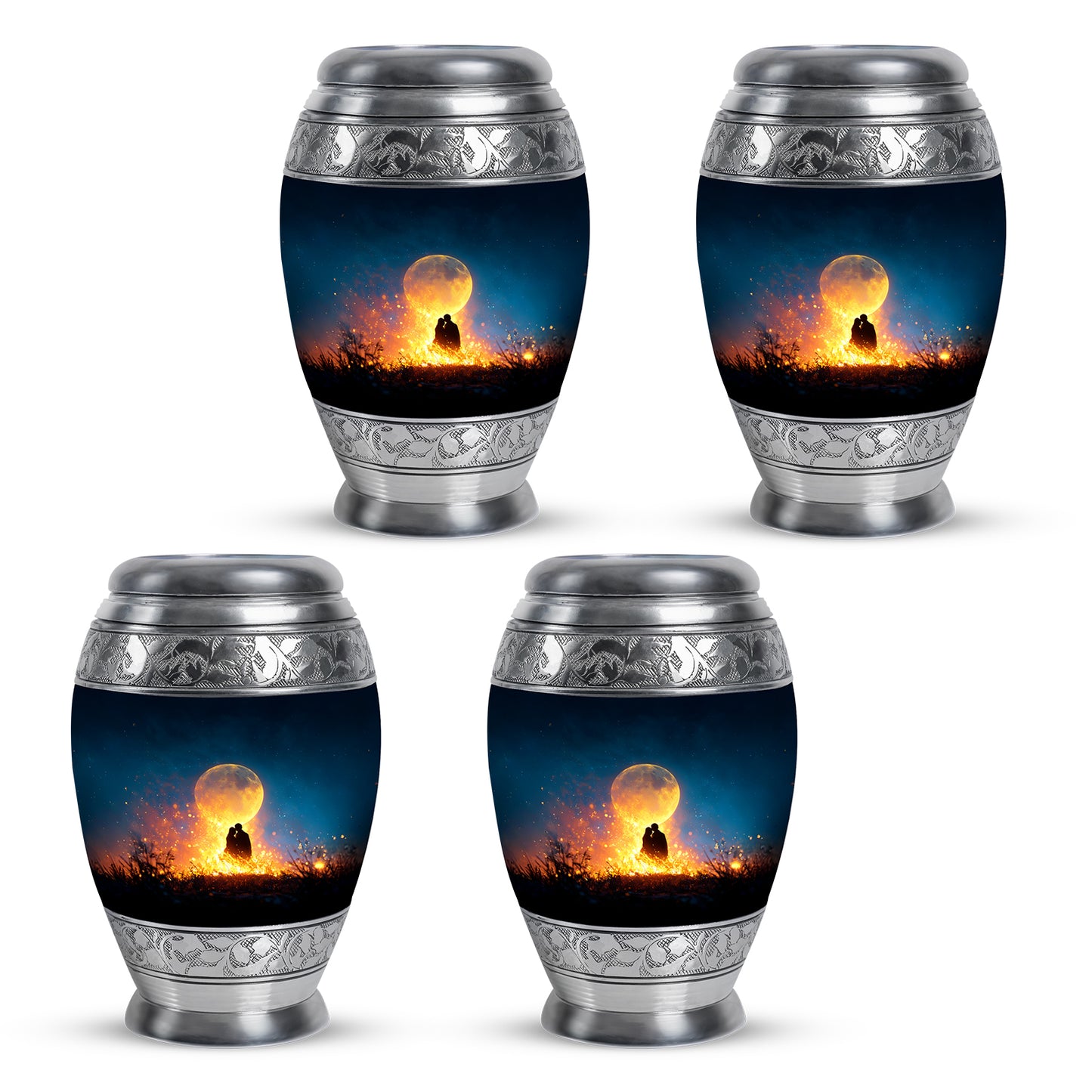 Dusty Blue Campfire Cremation Urn urn with complimentary velvet bag - regal campfire design with crown-inspired accents - 10 inch aluminum urn for cremated remains