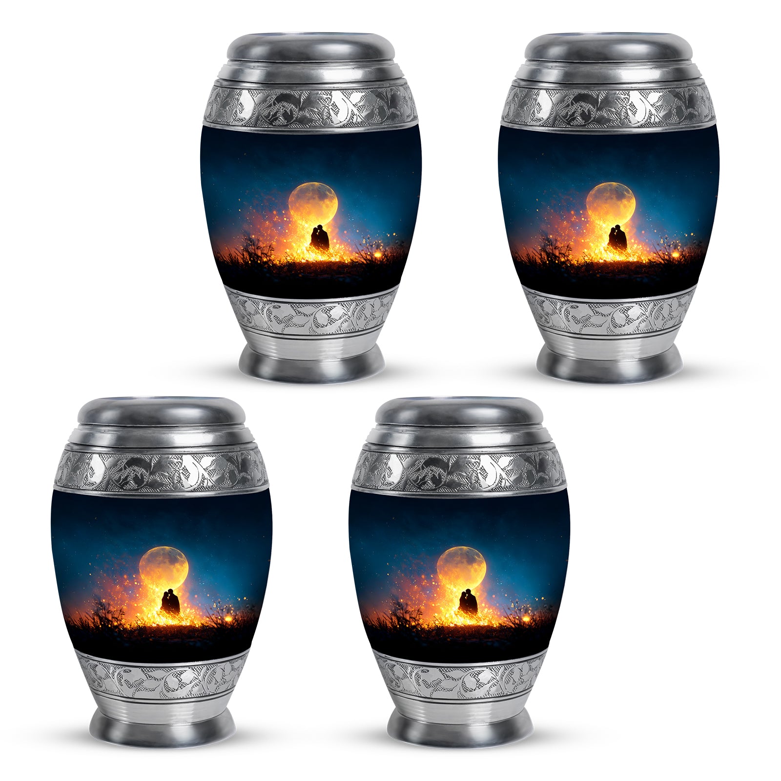 Dusty Blue Campfire Cremation Urn urn with complimentary velvet bag - regal campfire design with crown-inspired accents - 10 inch aluminum urn for cremated remains