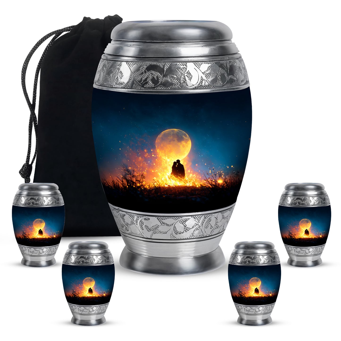 Twilight Blue Campfire Cremation Urn detail view - majestic campfire pattern with filigree border - memorial set with one large and four small urns