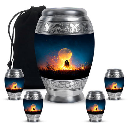 Twilight Blue Campfire Cremation Urn detail view - majestic campfire pattern with filigree border - memorial set with one large and four small urns