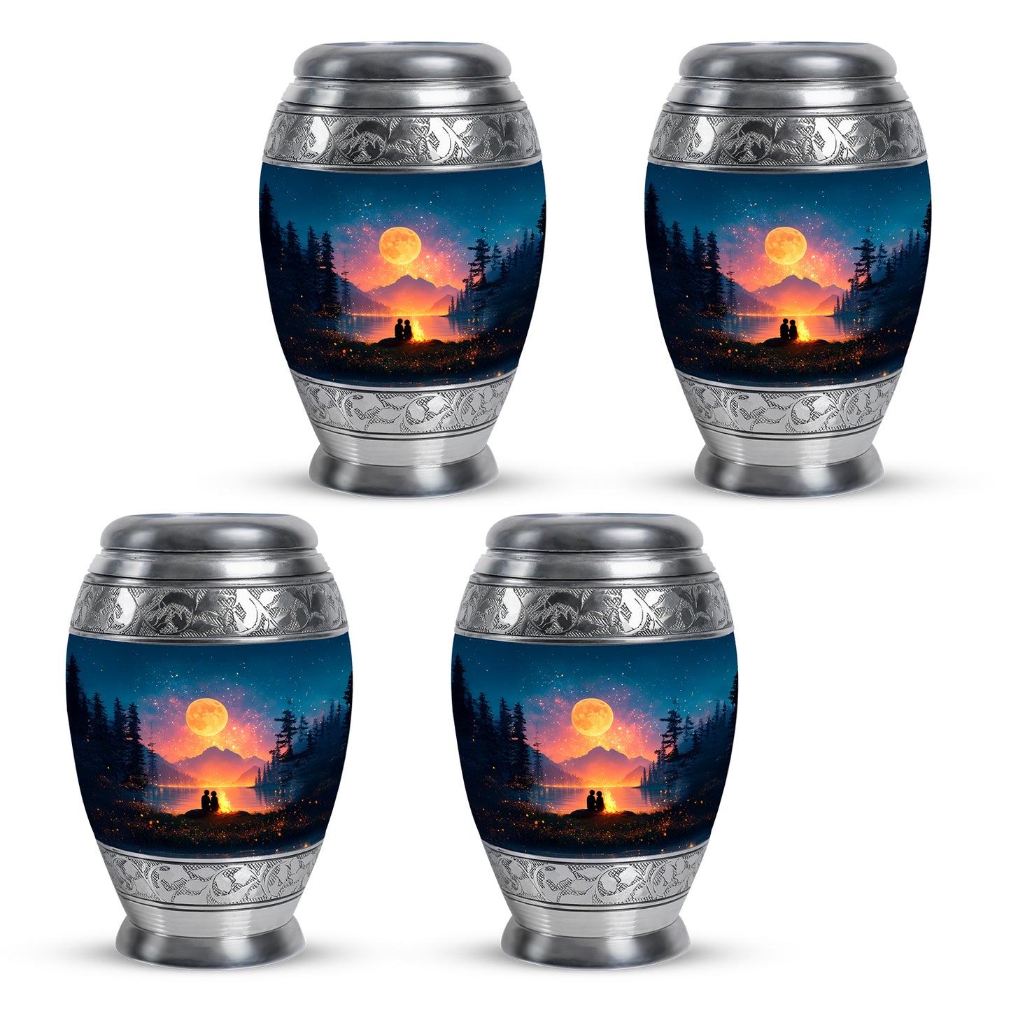 Cobalt Blue Campfire Cremation Urn urn with complimentary velvet bag - majestic campfire pattern with filigree border - 10 inch aluminum urn for cremated remains