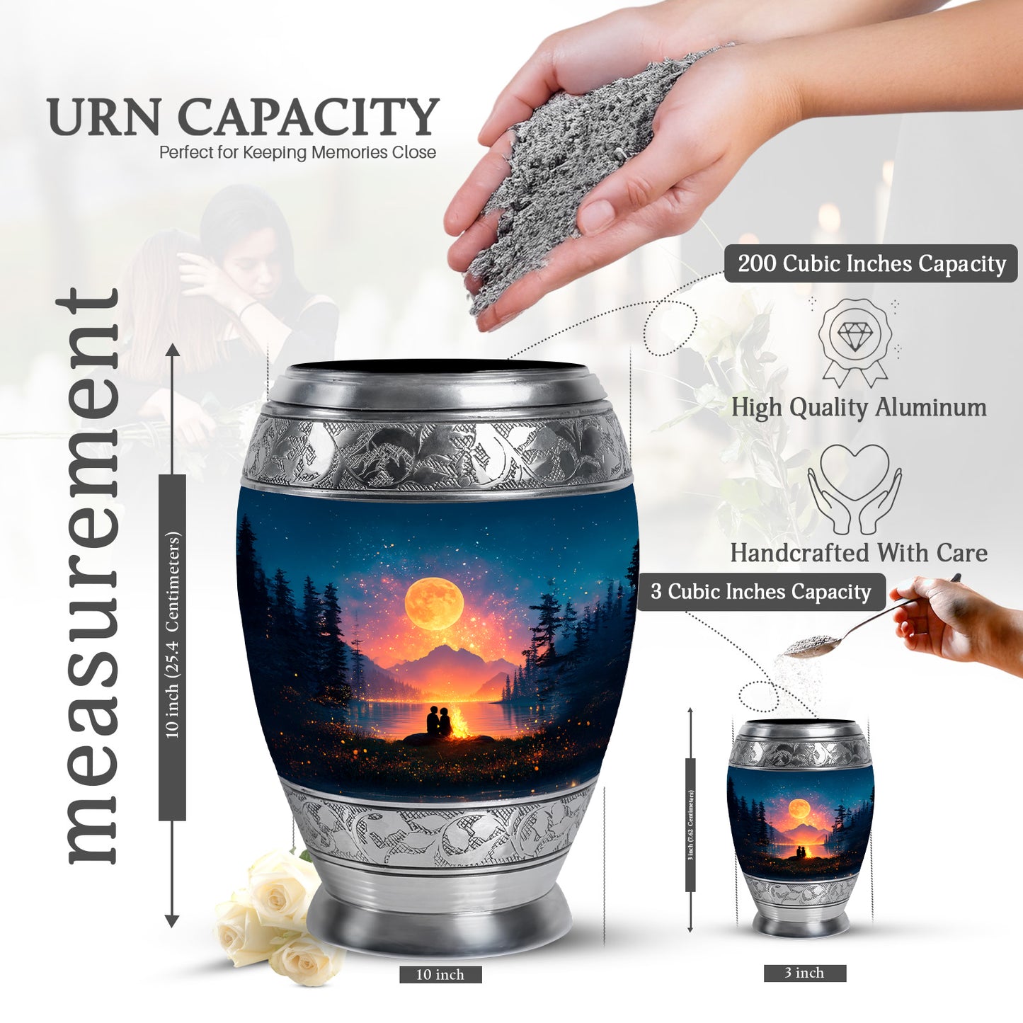 Navy Blue Campfire Cremation Urn lifestyle display on memorial shelf - regal campfire design with crown-inspired accents - mini keepsake memorial for portion of cremation ashes