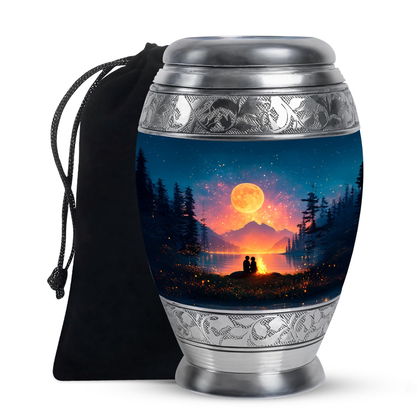 Indigo Campfire Cremation Urn back view with polished surface - ornate monarch-style campfire relief on brushed aluminum - full-size 10 inch 200 cubic inch adult cremation urn