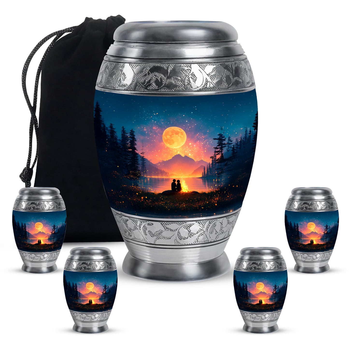 Bright Blue Campfire Cremation Urn detail view - majestic campfire pattern with filigree border - memorial set with one large and four small urns