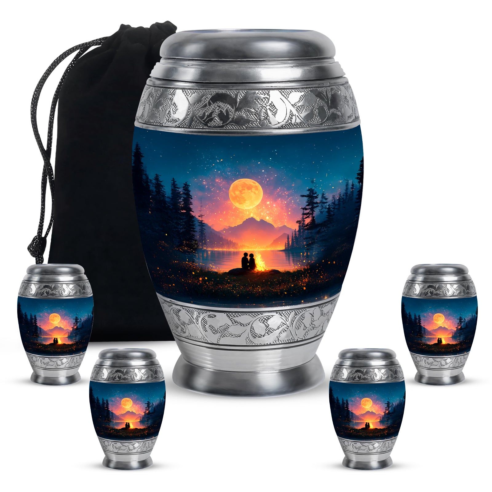 Bright Blue Campfire Cremation Urn detail view - majestic campfire pattern with filigree border - memorial set with one large and four small urns